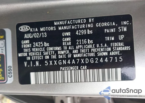 2013 Kia Optima Ex из США, поврежденный, VIN 5XXGN4A7XDG244715